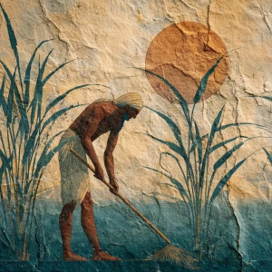 An ancient Egyptian farmer, painted in the style of a faded temp...