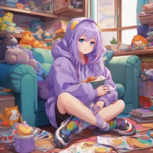 A petite, energetic teenage girl with shoulder-length lavender h...