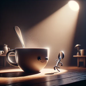 A coffee cup sits solitary on the counter under soft, static lig...