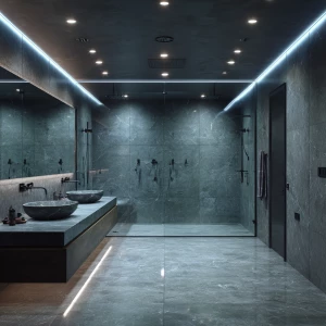 Generate a realistic image of a spacious and luxurious grey marb...