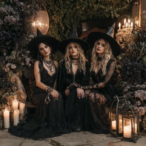 Three elegant witches are gathered in a circle within a shadowy,...