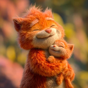 Humanoid cat mother with red-orange fur holding her baby humanoi...