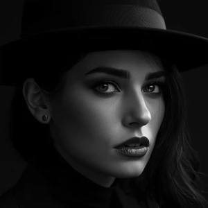 Portrait of realistic woman hiperdetailed noir style b&w