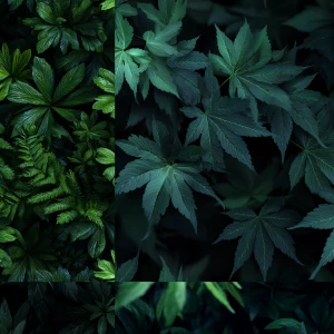 top-down overhead view of dense dark-green foliage, repeating pa...