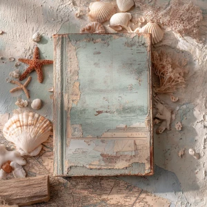 Ocean junk journal page, shabby coastal collage background, laye...