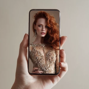 Generate an image showing a female hand holding a smartphone dis...