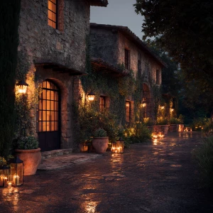 Create an image of an Italian villa exterior at twilight with wa...