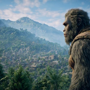 A humanoid looking haircovered manlike sasquatch stares at a Ind...