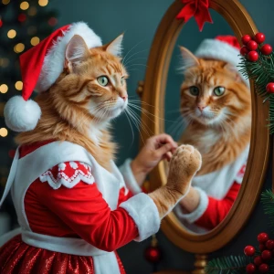 Une jolie chatte rousse essaie un costume de mère noel devant un...