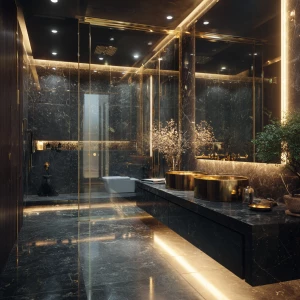 Create a highly luxurious black marble bathroom featuring gold f...