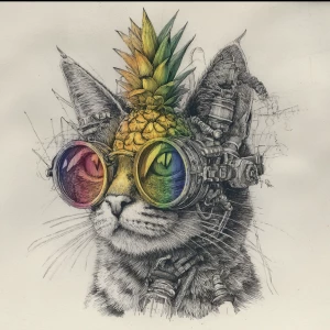 A steam punk sketch of a cat mixed with a pineapple. Sunglasses,...