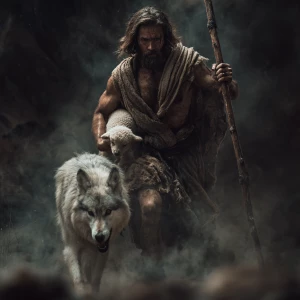 Create an image of a muscular shepherd resembling Jesus with lon...