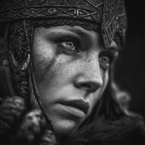 Big close up noir of a viking Woman