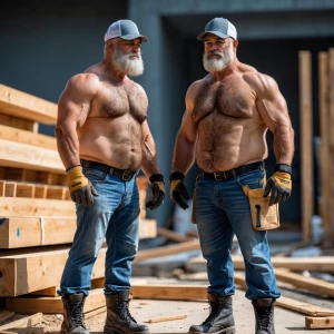 2 shirtless 99% hairy chest, bearded men 55 years old, muscular,...