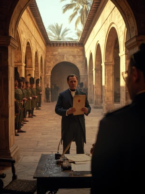 Cinematic interior shot inside the Zanzibar palace courtyard in...