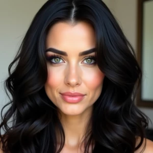 The person in the image is a woman with fair skin and a symmetri...