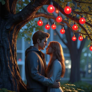 A couple under a tree.the is with hanging red light