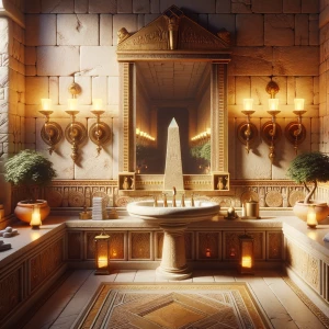 Imagine an opulent bathroom inspired by ancient temples. Envisio...