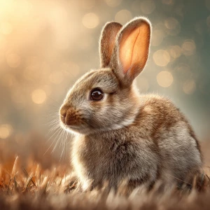Create a serene scene with a baby rabbit peacefully sitting in t...