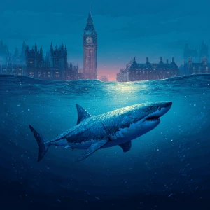 Generate a prompt of a megalondon great white shark