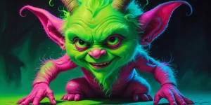 In vivid hues of neon greens and pinks, a plush goblin twists an...