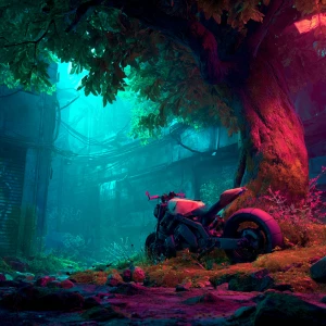 Create an image of an enchanted cyberpunk neon forest with a sci...