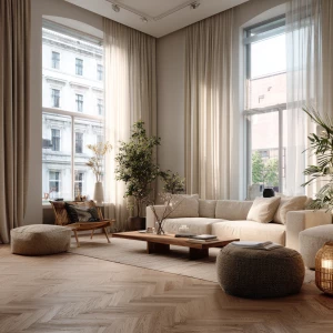 high-end luxury apartment interior with beige linen furniture, o...
