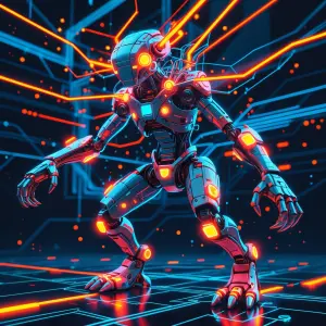 An eccentrically vibrant modular migrant, each component flicker...