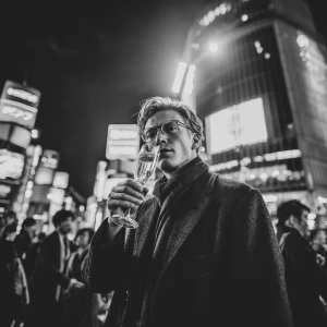 A stylish man standing amidst the electric energy of Tokyo's Shi...