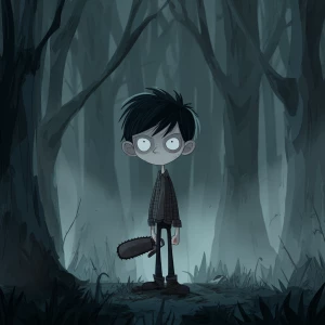 Generate a dark cartoon-style image of a boy in a forest setting...