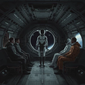 In a futuristic realistic art style, inside the dark vast transp...