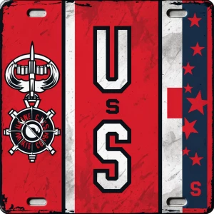 Design a 12”x6” red license plate featuring the Marine Corps log...