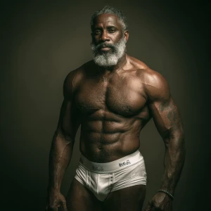 Generate an image of a confident, muscular black-gray man with a...