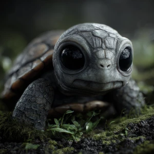 A baby turtle with the head of an alien, large black eyes, grey...