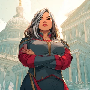 Illustrate a scene featuring a powerful plus-size woman with sho...