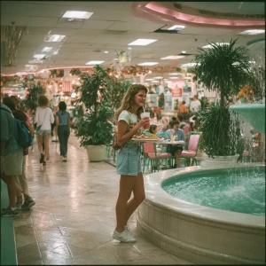 A teenage girl in 1992 holding a tray with a slice of mall pizza...