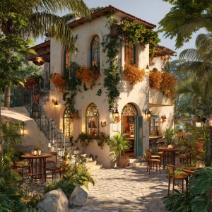 A charming Mediterranean-style café with cream-colored stucco wa...
