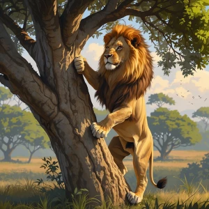 Lion climbing tree