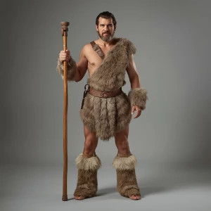 Full-body prehistoric man wearing primitive animal-skin clothing...