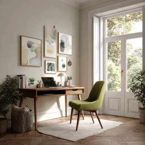Create a minimalist yet vibrant Scandinavian home office featuri...
