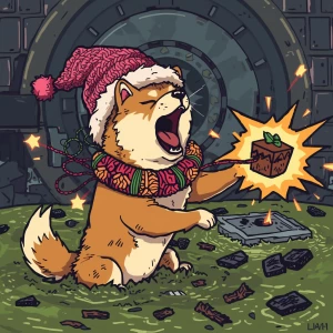 GTA Vice City loading screen action card: cel-shaded Shiba dog i...