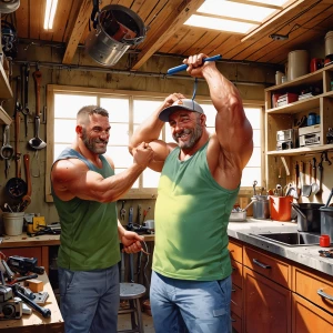 Create a stable diffusion for a handyman, working in a garage, b...