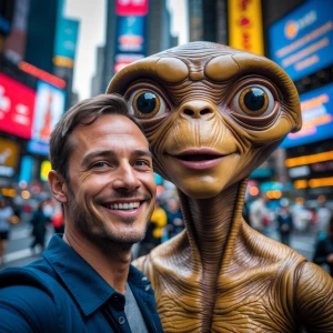 Create an image of a man taking a selfie with a life-sized, real...