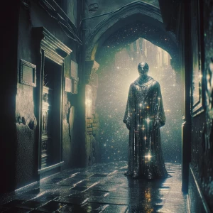 A glimmering holographic celestial wormhole wrangler stands in a...