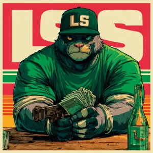 A humanoid cat character with a muscular build, wearing a green...