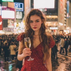 A young woman with long flowing hair and a bright red dress, sta...