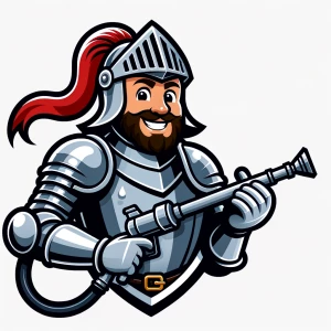 a cartoonish knight mascot holding a pressure washing gun.