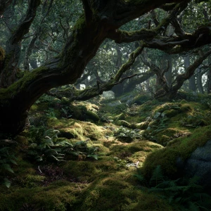 A hyper-realistic, high-angle photography shot of a dense, dark...