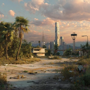 Generate an image of a vacant urban lot set in a futuristic land...