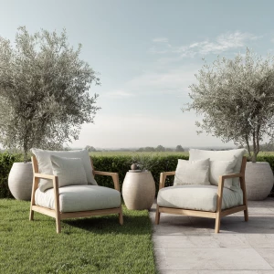 Minimalist Scandinavian-style lawn with pale wood furniture, lig...